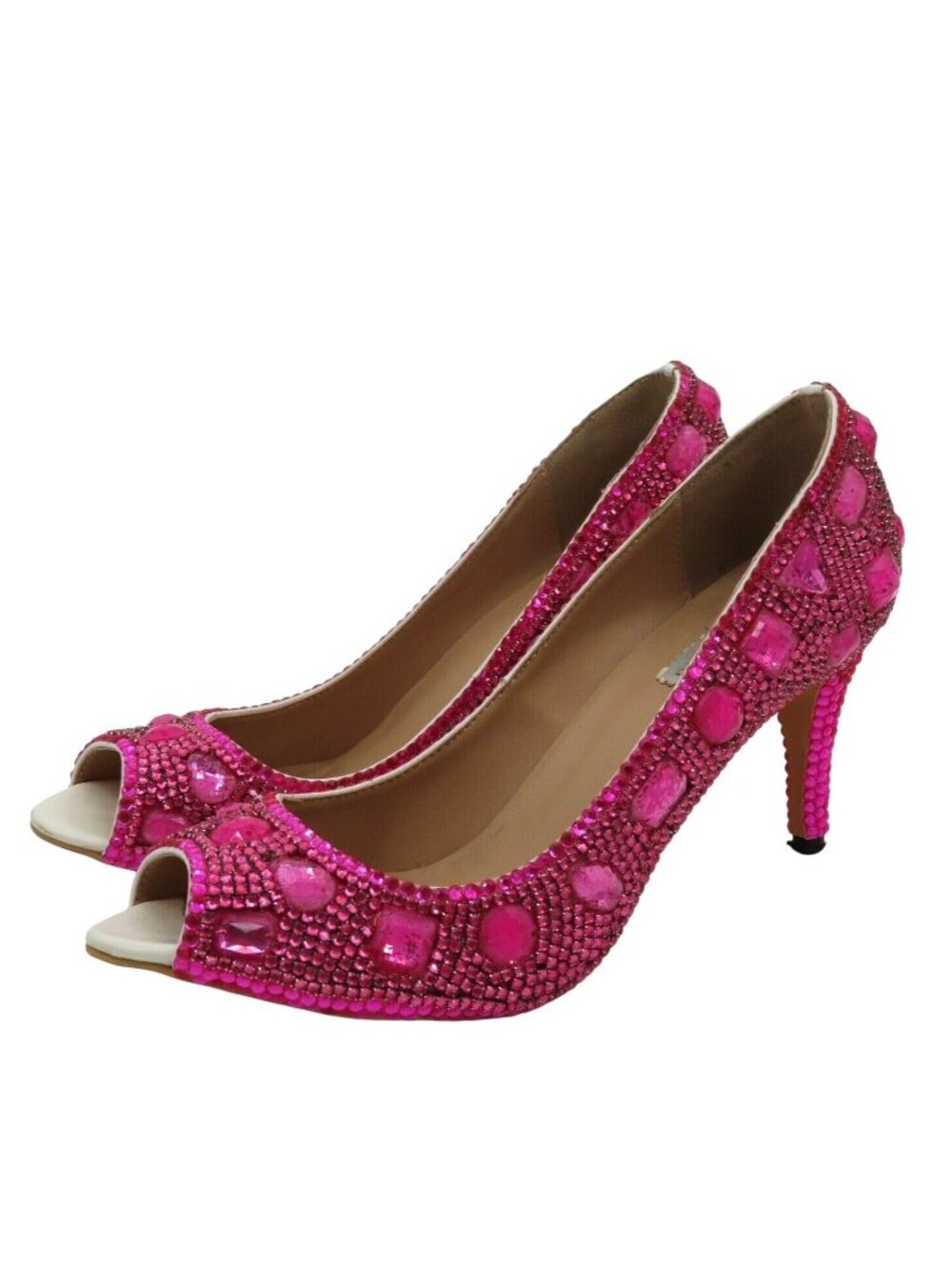 Marc DeFang 8.5 Fuchsia Pink Rhinestone Bling Peep Toe Heels Women Bridal Eras